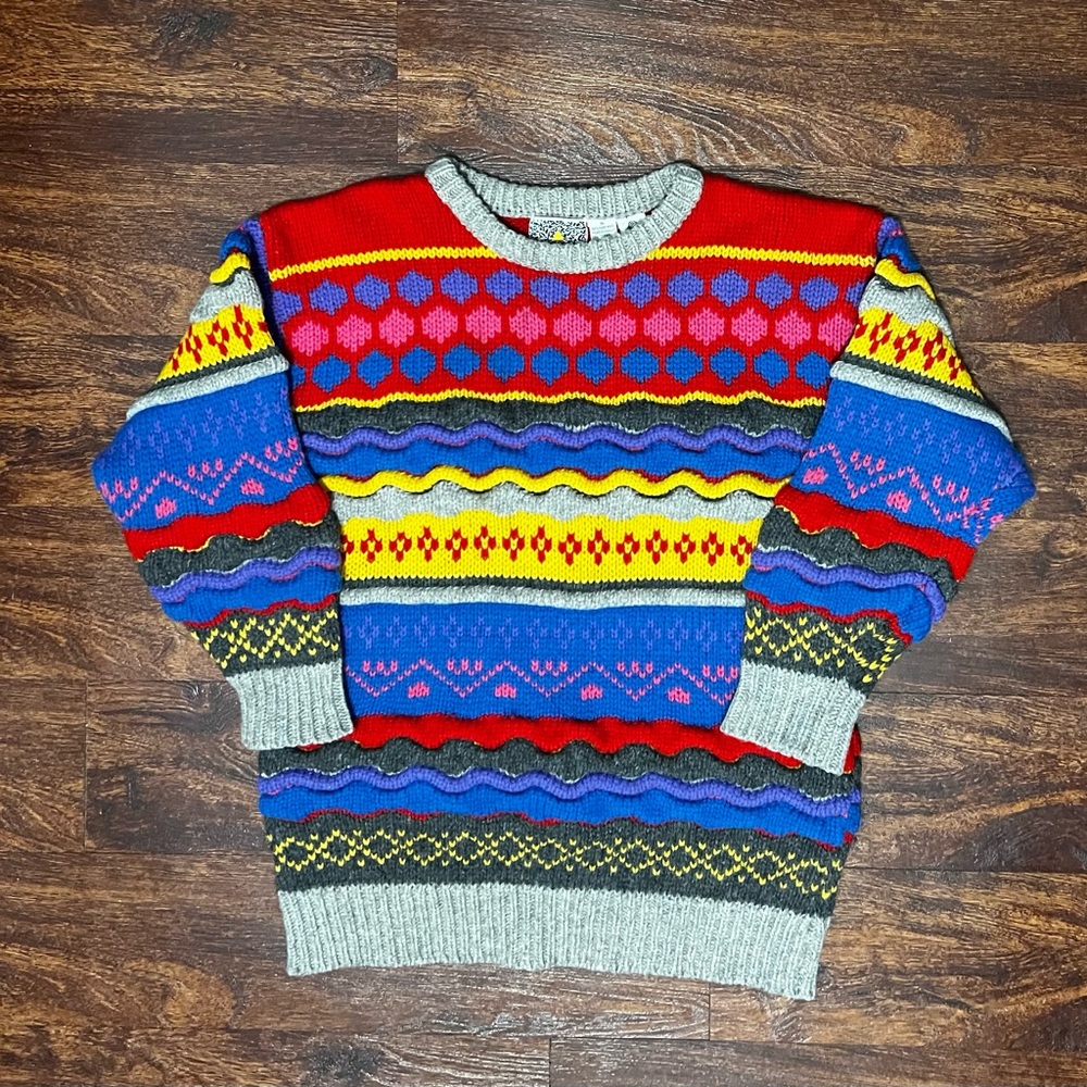 Crescendo Men’s 3D Colored Cable Knit Wool Crewneck Sweater Size M Vintages 90s